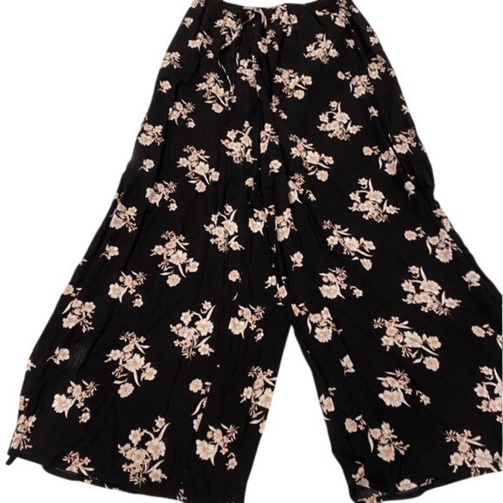Floral Wide Leg Palazzo‎ Pants Black Beige Drawstring Waist Comfy